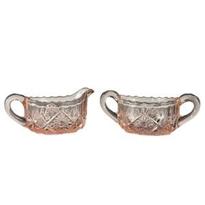 Vintage Pink Depression Glass Creamer & Sugar Sunflower Diamond Pattern Bowl Set